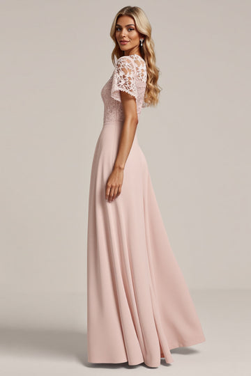 Pink Lace Chiffon A Line Bridesmaid Dress